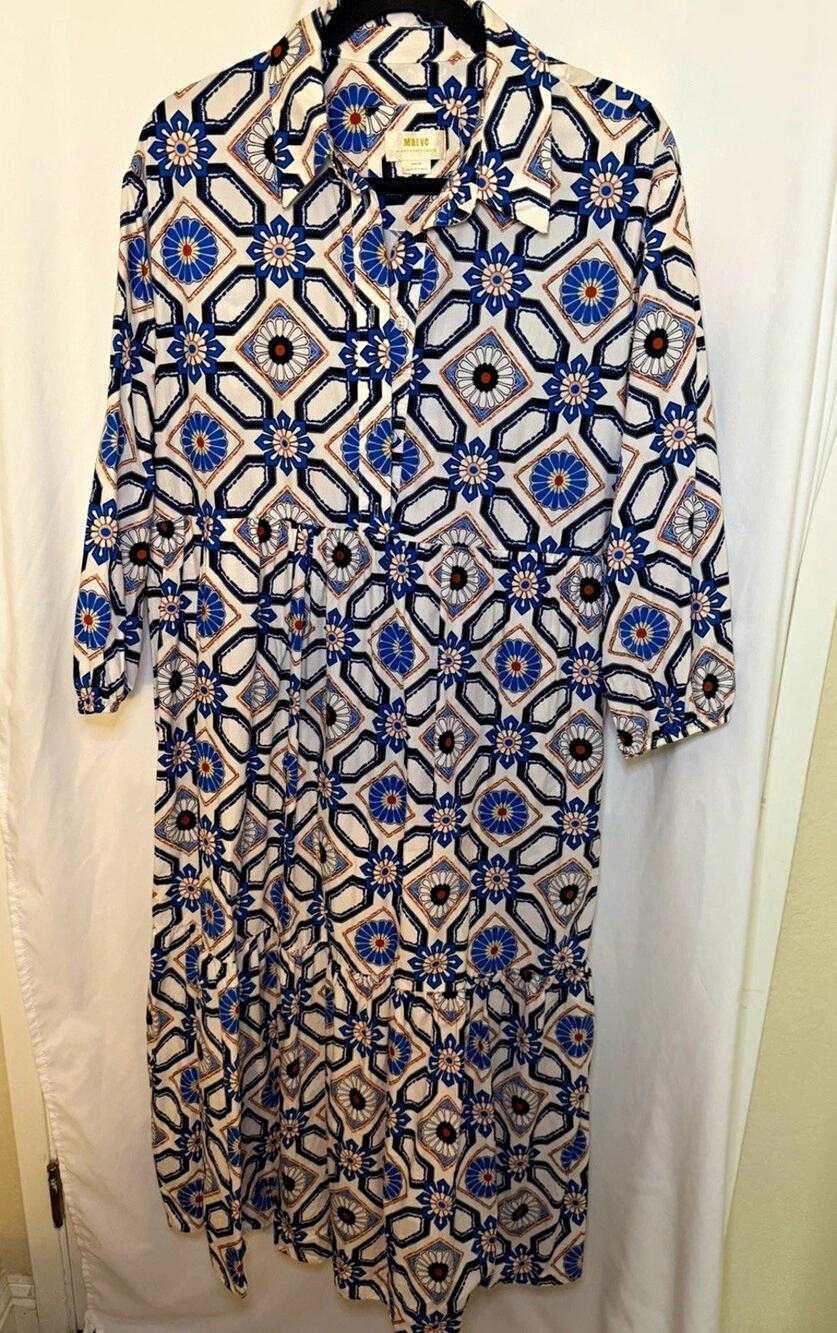 Anthropologie Maeve Geometric Shirt Dress Midi 3/4 Sleeve Button Front Women M